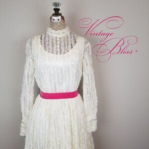 Darling Vintage 1960's Juniors Cream Lace Party Dress with Pink Velvet Sash
